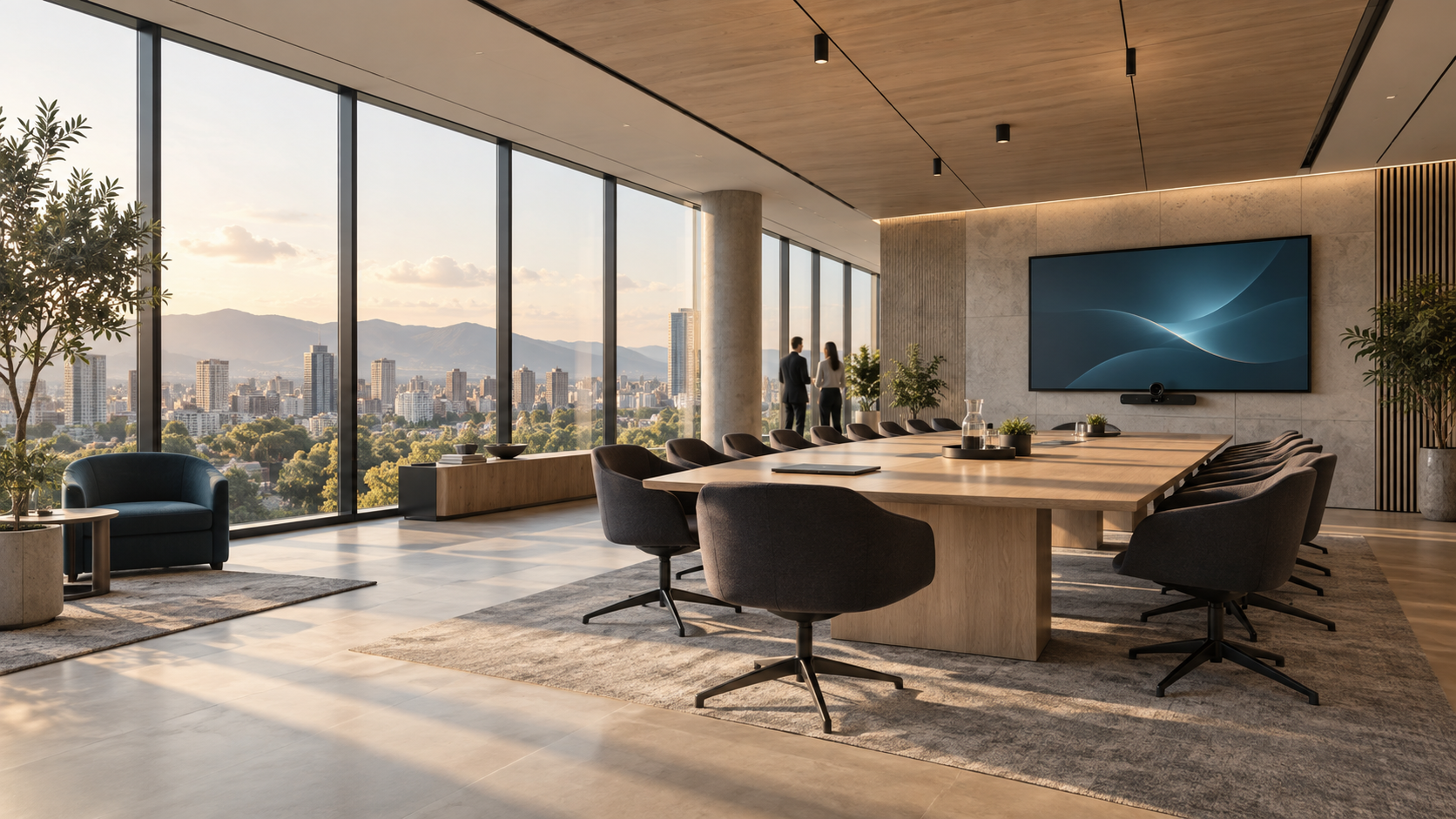 Sala de juntas contemporánea con tecnología para colaboración híbrida